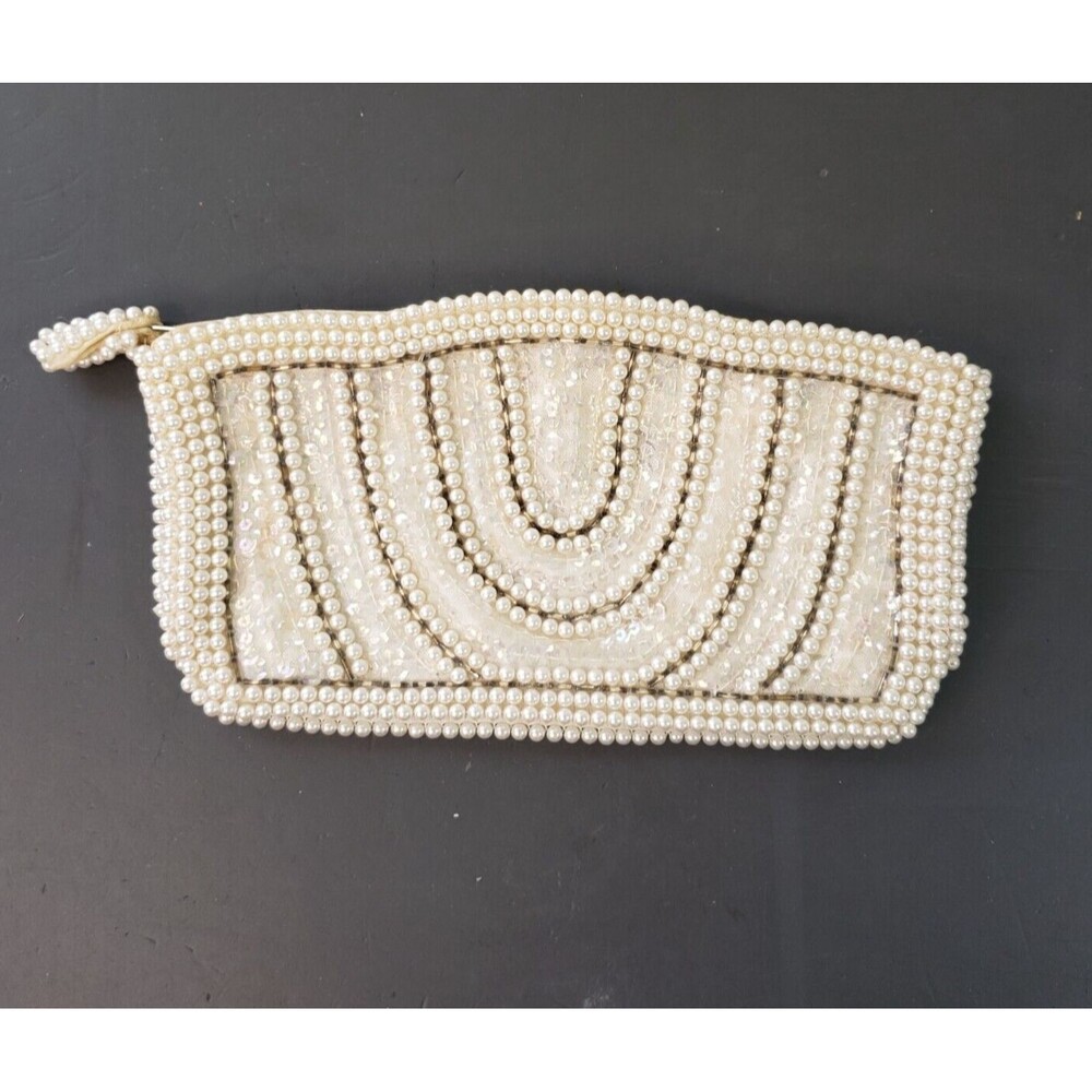 Vintage Beaded Purse Clutch Evening Bag Faux Pearls Sequins Japan White Ivory 8"